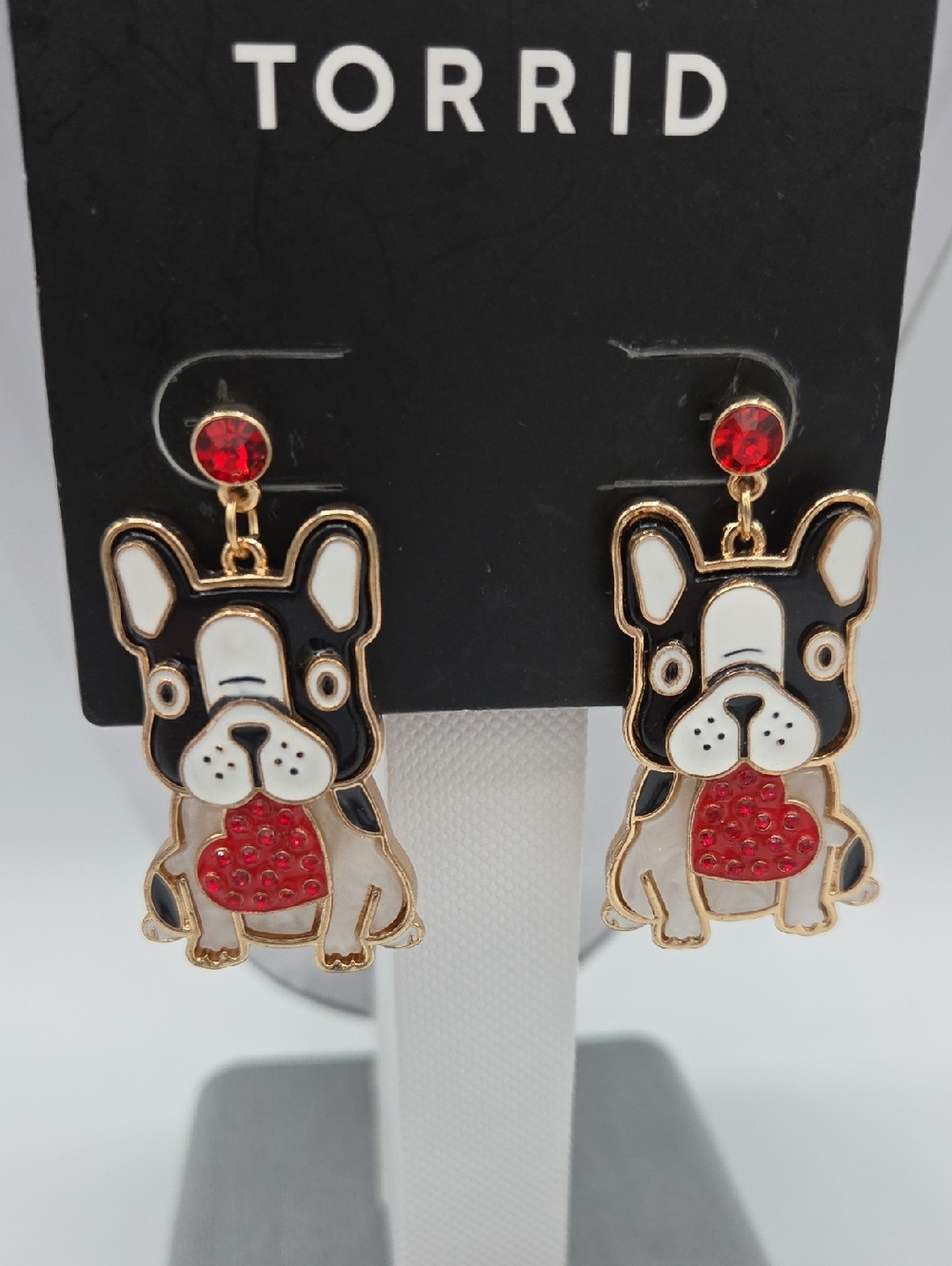 5 for $25! Torrid Black, White & Red French Bulldog Heart Drop Earrings